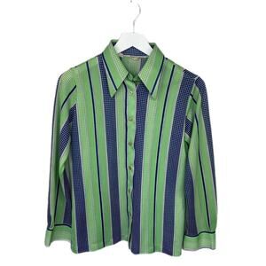 Vintage Wayne Taylor 70's Green Striped Button Up Shirt - Women's Size L